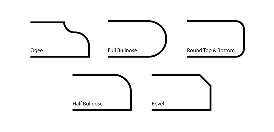 ogee, full bullnose, rounded top & bottom, half bullnose or bevel are all available